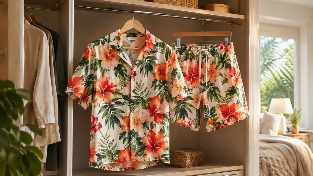 A flower-print shirt and matching shorts hanging together on a closet rod