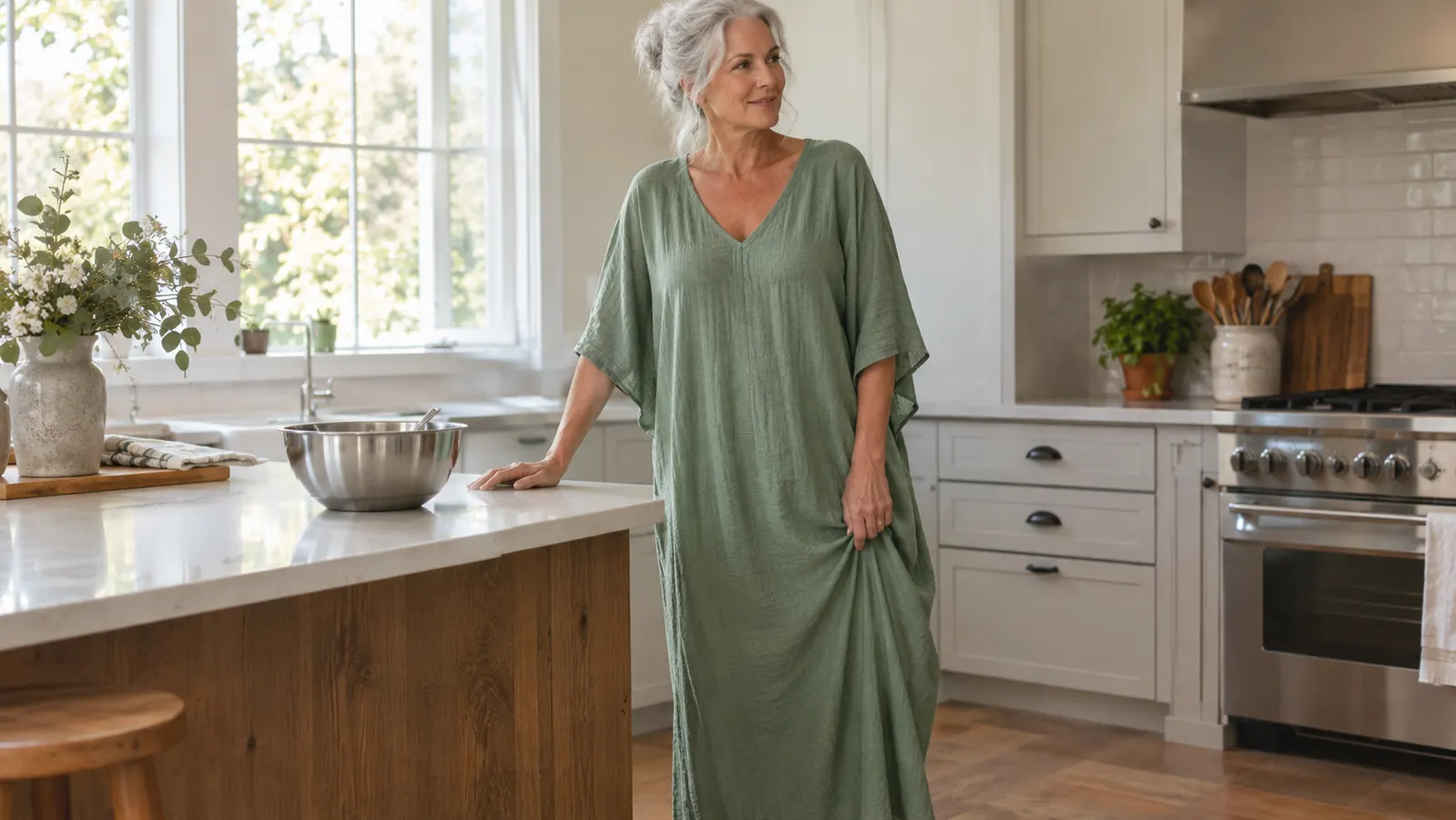 Woman in her sixties in a loose kaftan-style maxi dress smoothing the hem while standing in a bright kitchen
