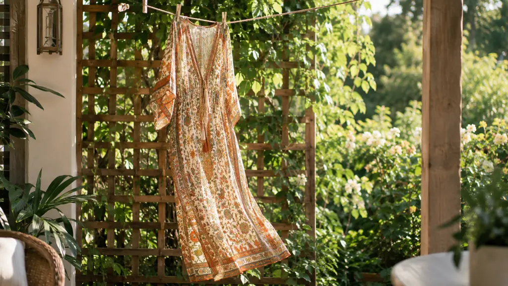 A loose, ankle-length kaftan-style maxi dress hanging on a clothesline on a lanai with a garden trellis behind it