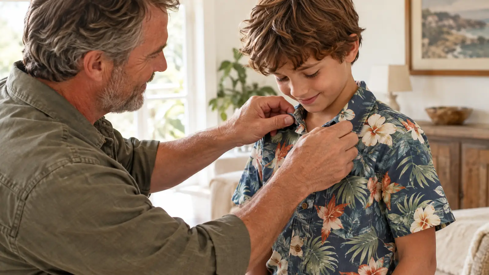 A woman's hands smoothing the collar of a boy's short-sleeve button-down Hawaiian shirt