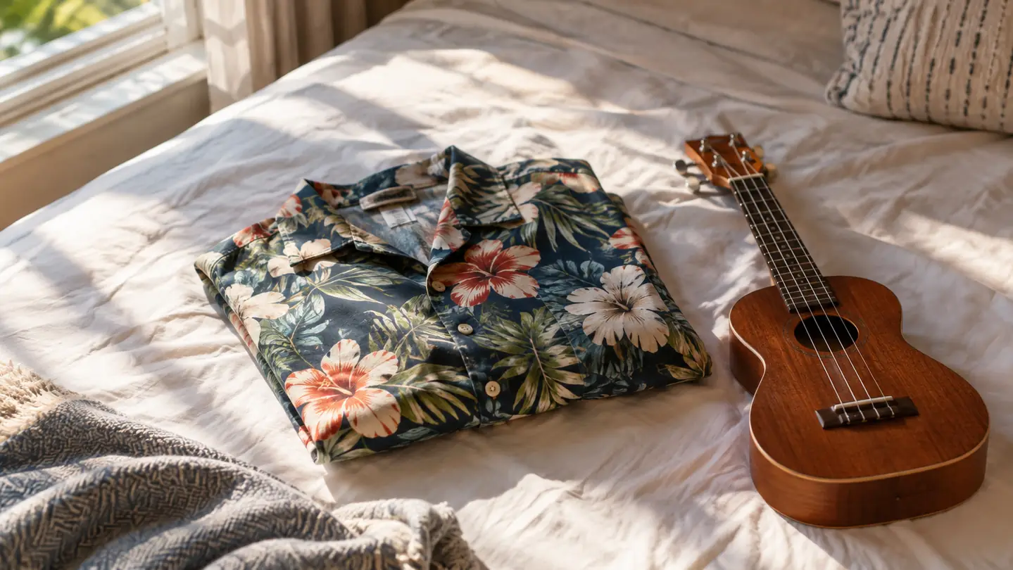 A folded short-sleeve button-down Hawaiian shirt on a bed next to a small ukulele