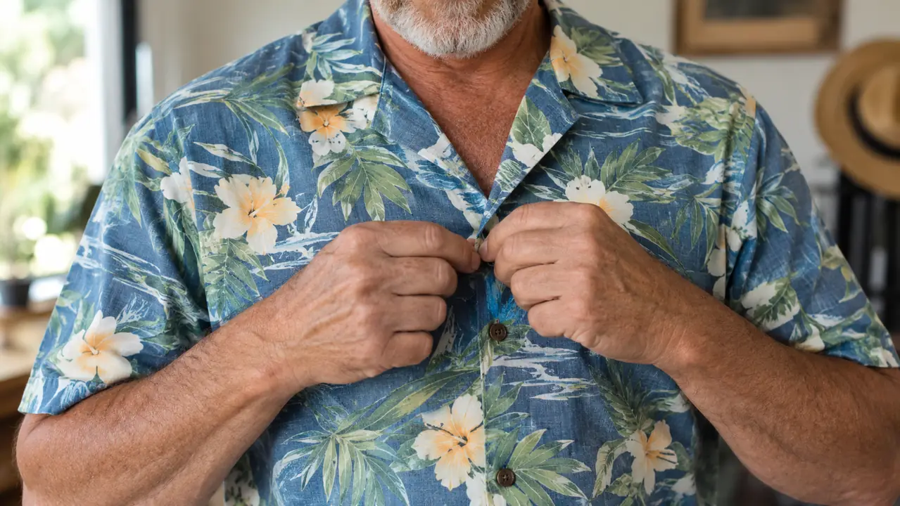 A man's hands buttoning the front of a short sleeve camp collar shirt