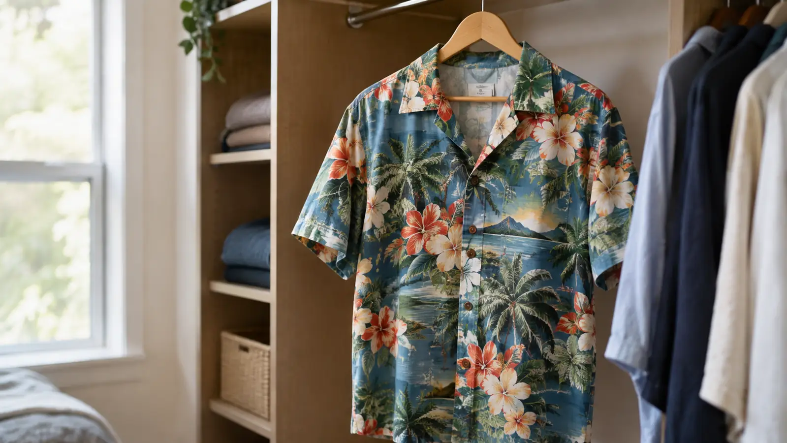 A short sleeve aloha shirt hanging on a wooden hanger in a bright closet