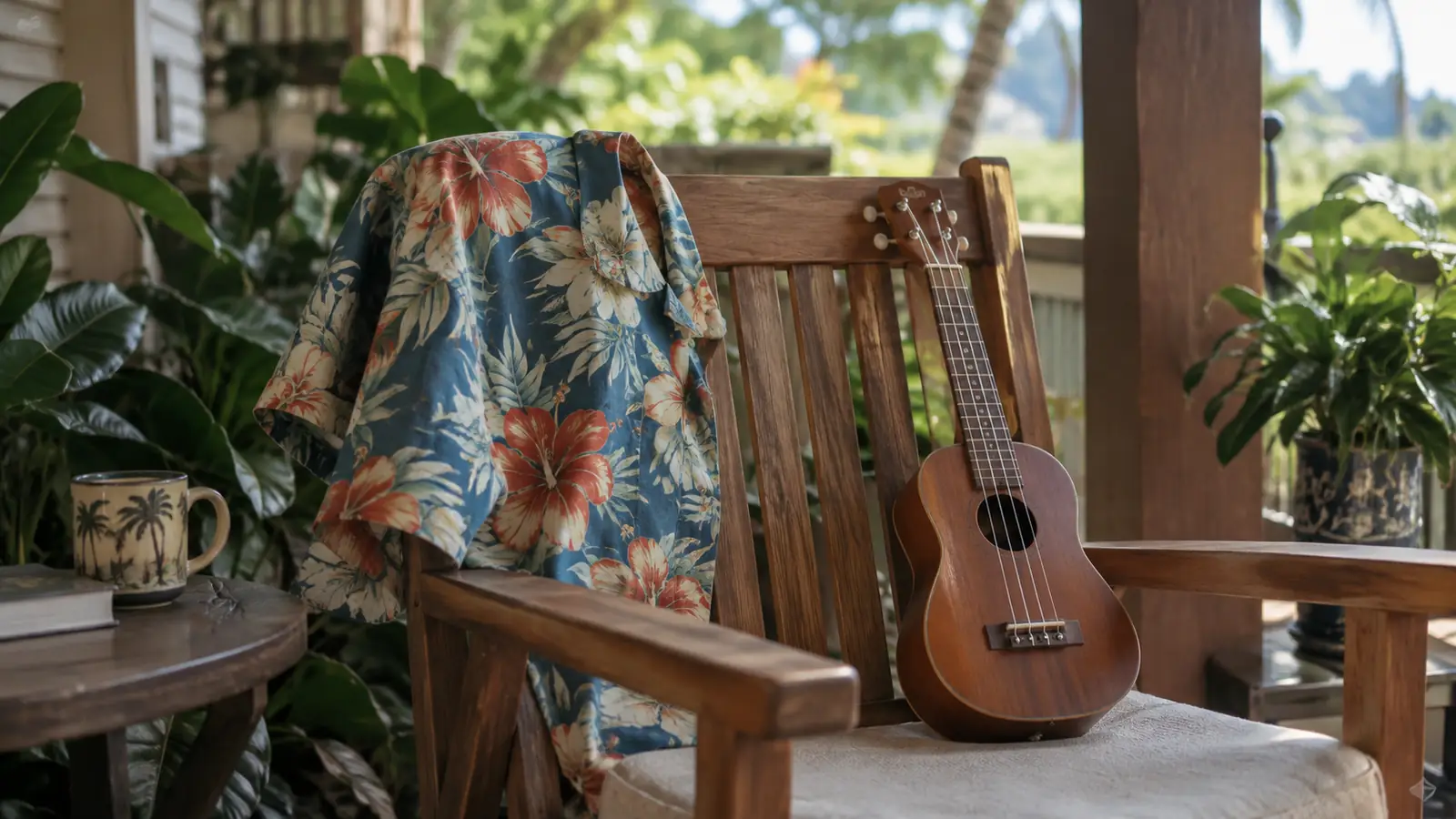 A short-sleeve Hawaiian shirt draped over a wooden chair on a lanai beside a ukulele, soft afternoon light
