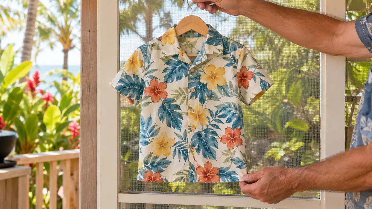 A boy's short sleeve cotton Hawaiian shirt buttoned up on a small wooden hanger against a sunny lanai screen door
