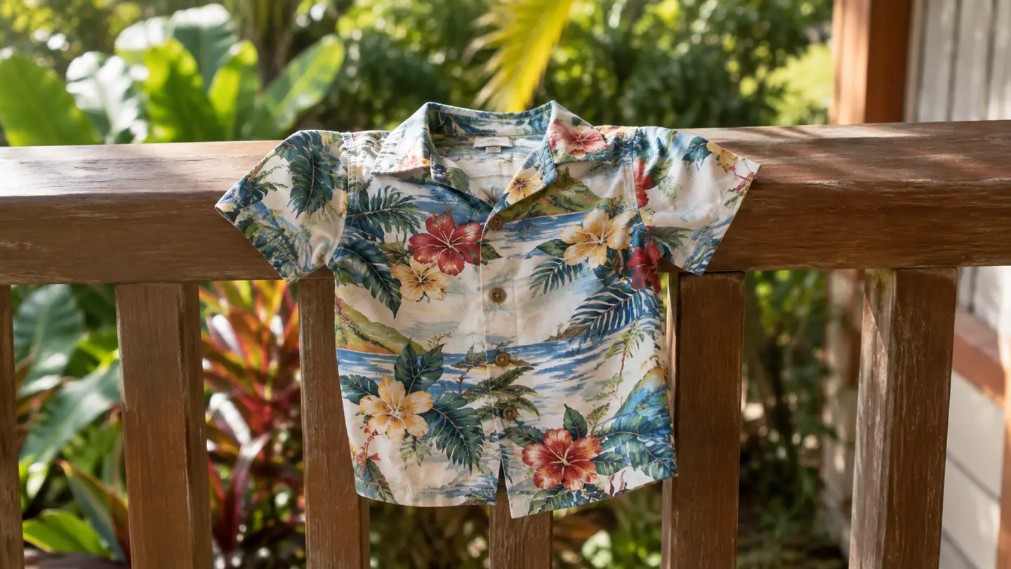 A cotton Hawaiian shirt laid flat on a lanai railing drying in soft morning light