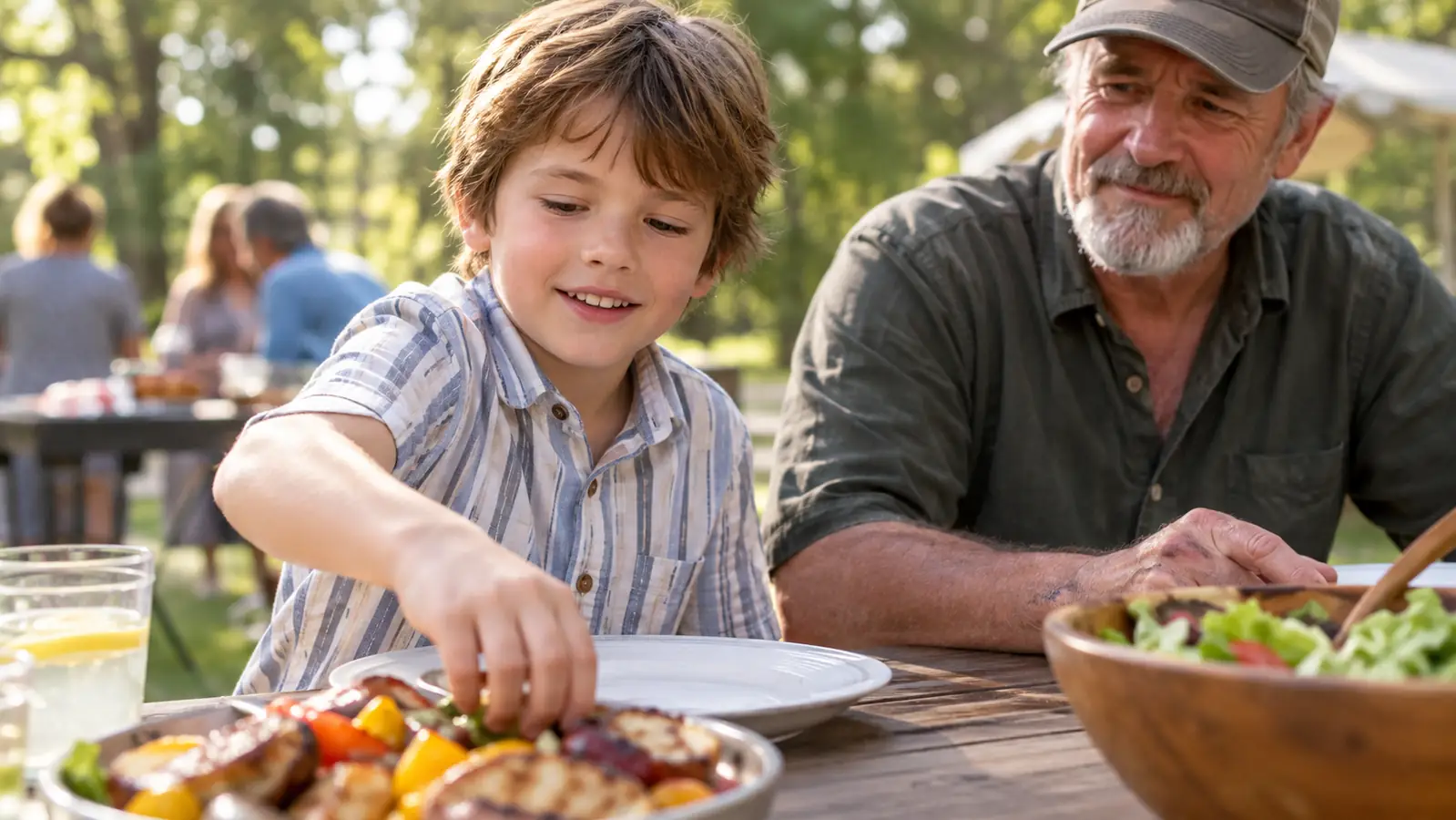 A young boy in a cotton button down Hawaiian shirt reaching for a plate at a picnic table at a family gathering