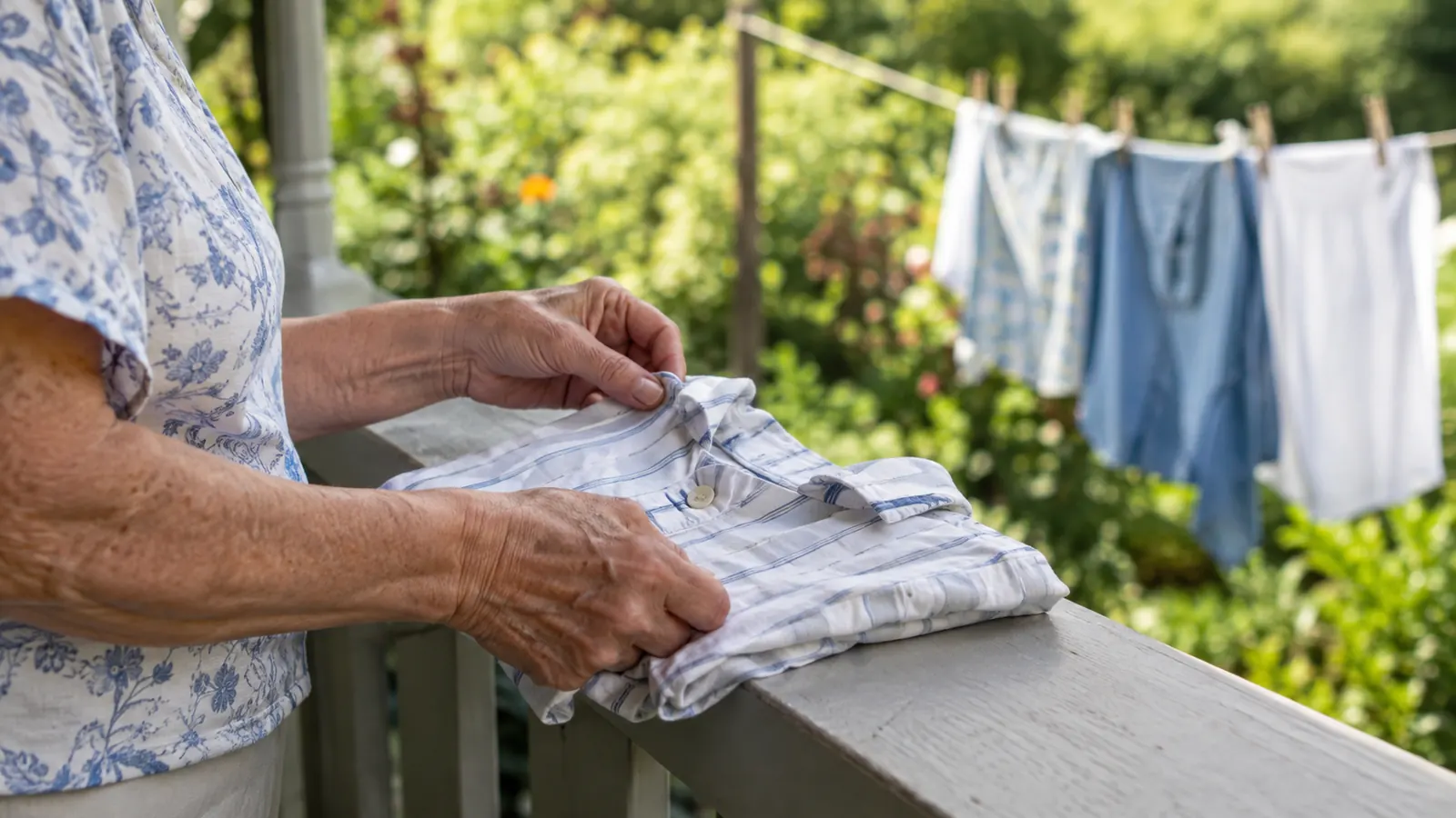 An older woman folding a small short sleeve button down shirt on a lanai with a clothesline and green garden behind her