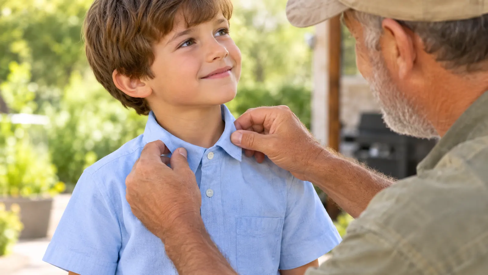 A hand smoothing the collar of a boy's cotton Hawaiian shirt in bright outdoor light