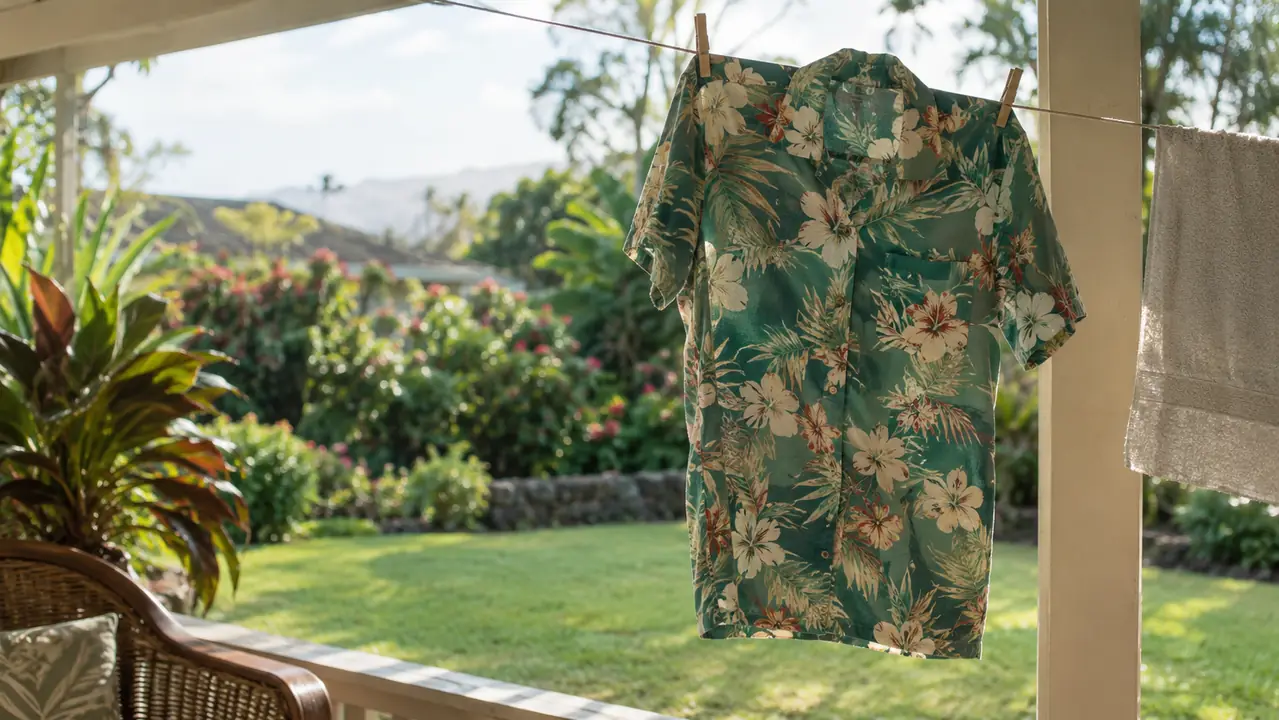 A boy's Hawaiian shirt hanging on a clothesline on a lanai with a green yard behind it