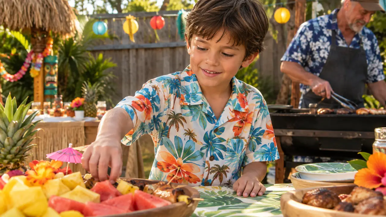 A young boy in a short-sleeve cotton Hawaiian shirt reaching for a plate of food at a backyard party table
