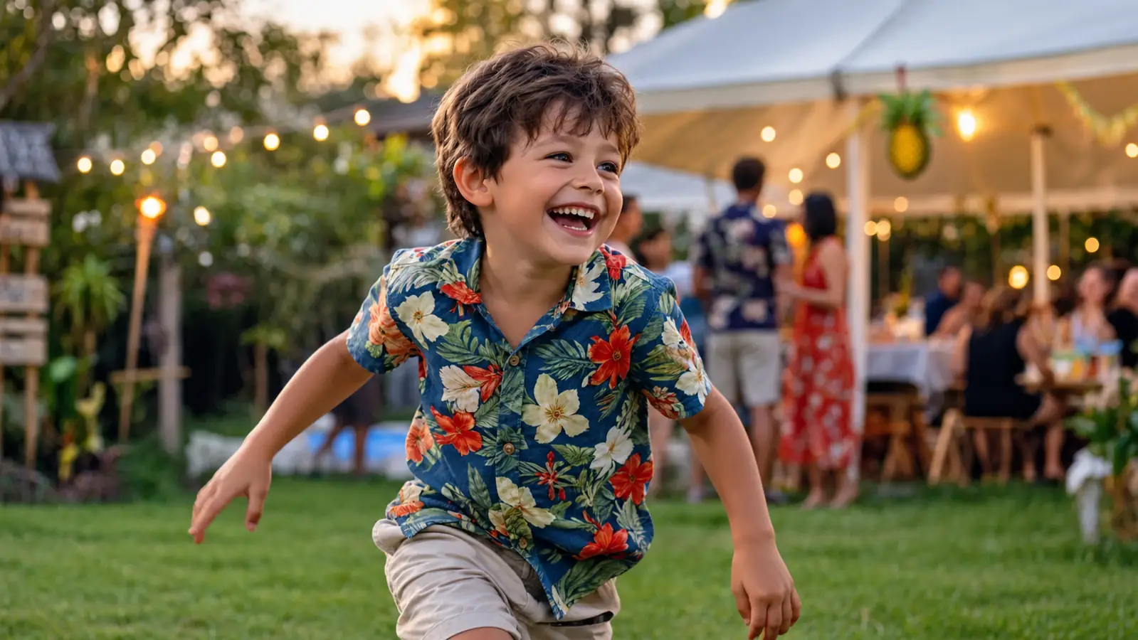 A young boy in a Hawaiian shirt laughing while running on grass at a backyard party