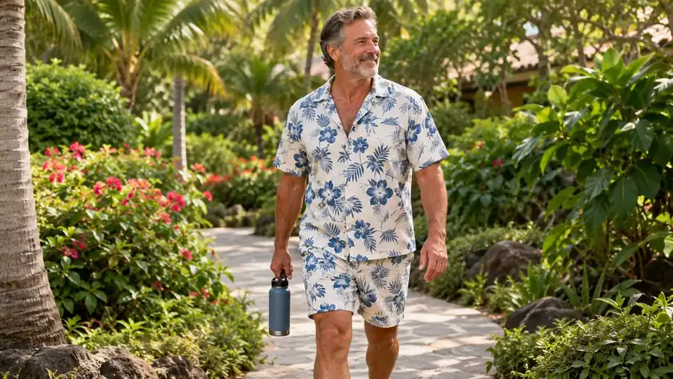 An older man wearing a flower-print two-piece set walking on a garden path