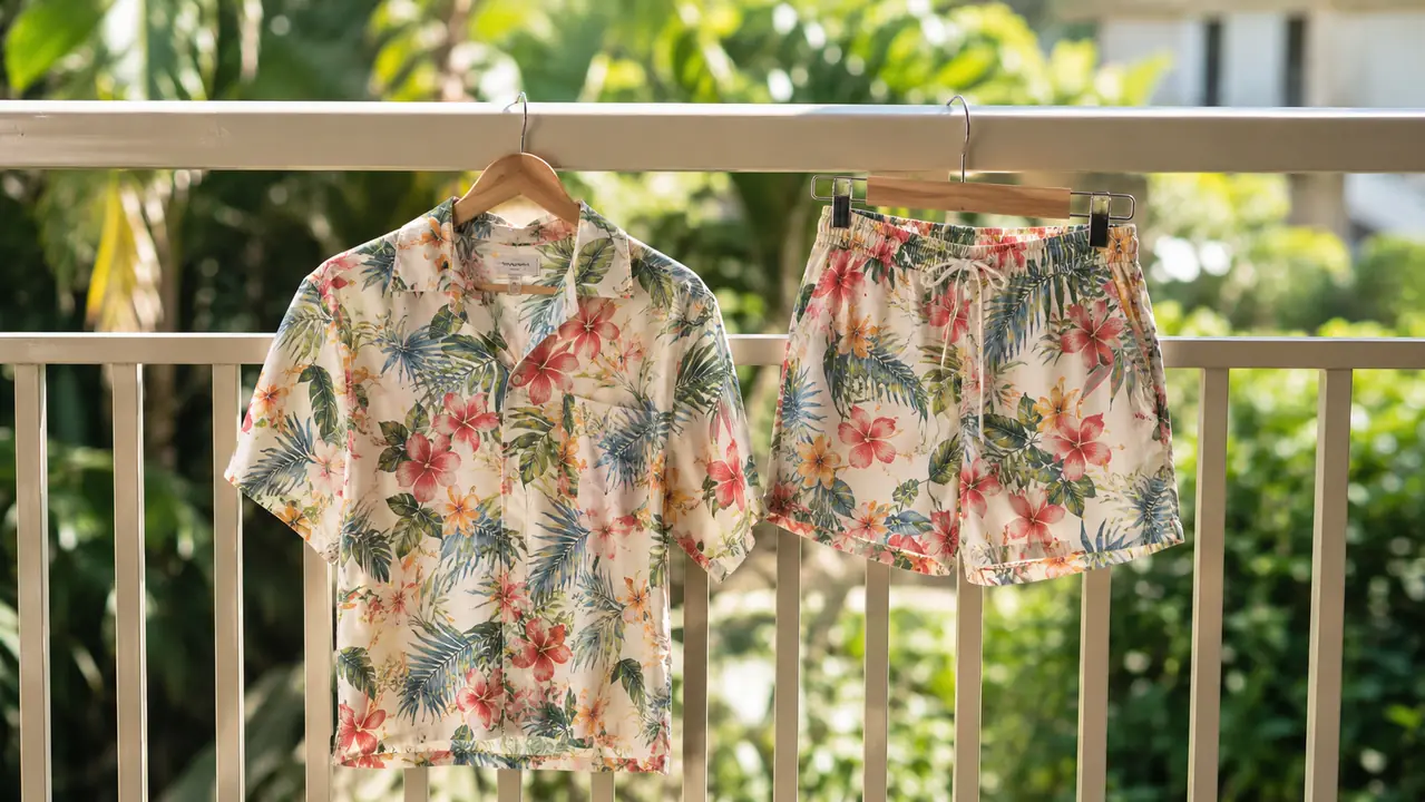 A flower-print shirt and matching shorts drying on hangers on a lanai railing in the morning