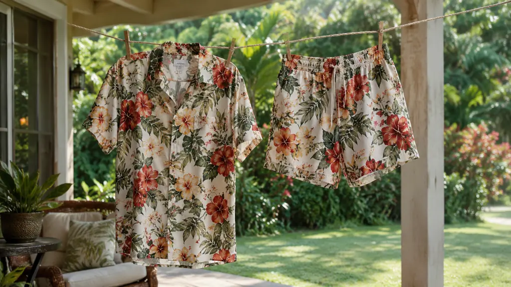 A flower-print shirt and matching shorts hanging on a lanai clothesline in soft morning light