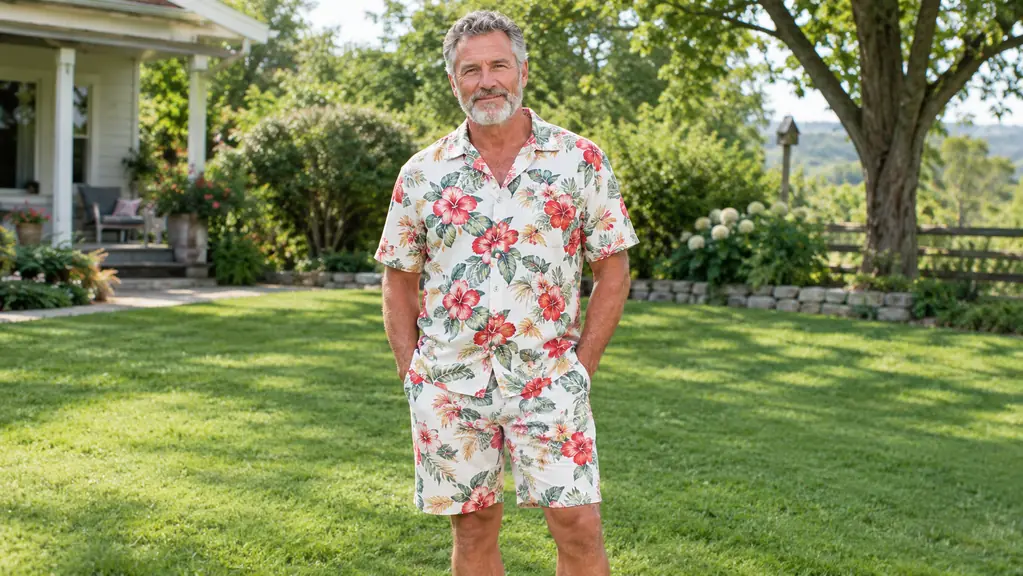 An older man wearing a matching Hawaiian print shirt and shorts set stands on a lawn during a family photo