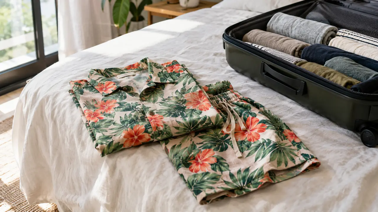 A matching Hawaiian print shirt and shorts set folded on a bed beside an open suitcase packed for a trip