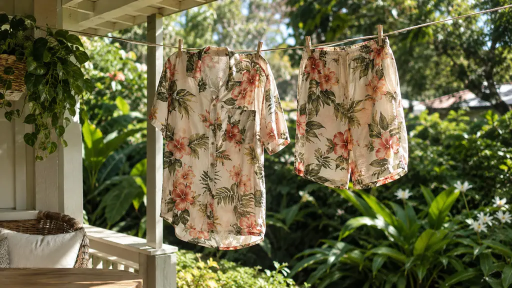 A floral shirt and matching shorts hanging on a clothesline on a lanai with a garden behind