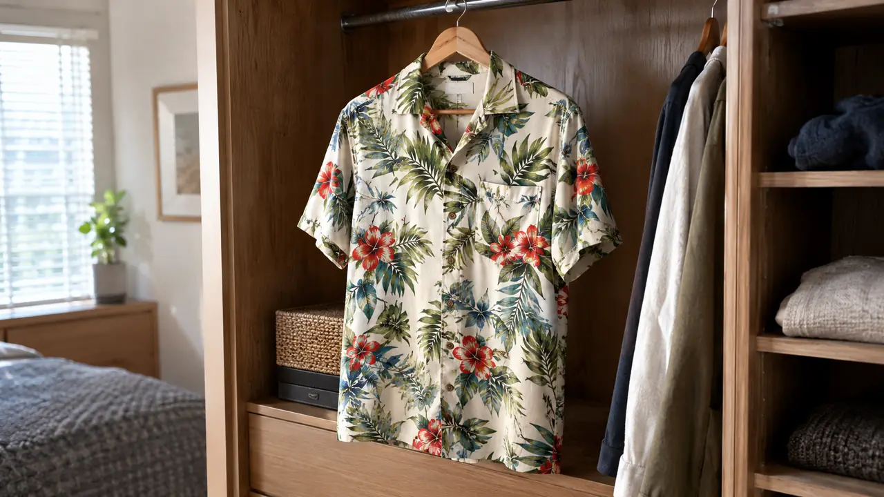 An aloha shirt hanging on a plain hanger in a bedroom closet, soft daylight coming through a window