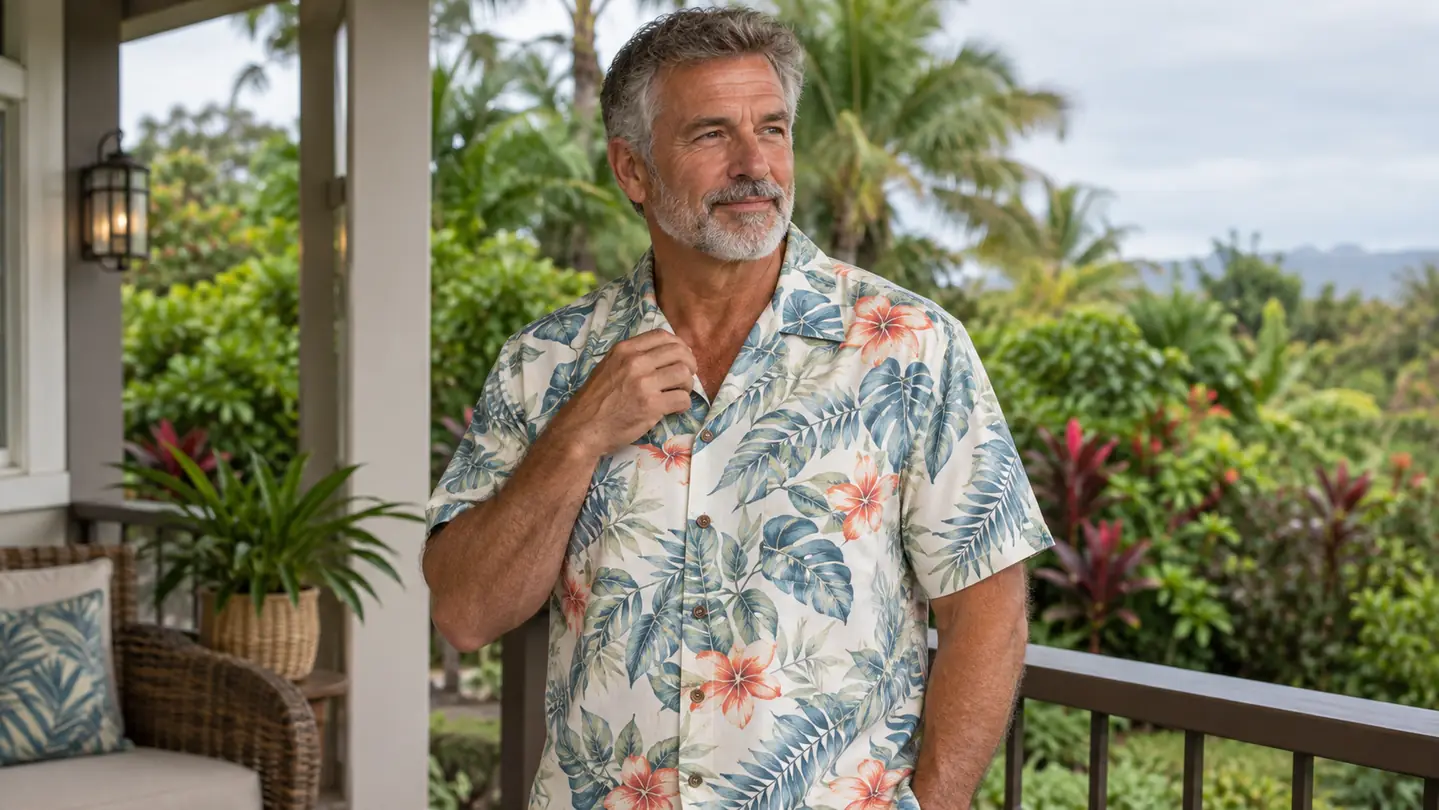 An older man in a short-sleeve camp-collar Hawaiian shirt standing on a lanai