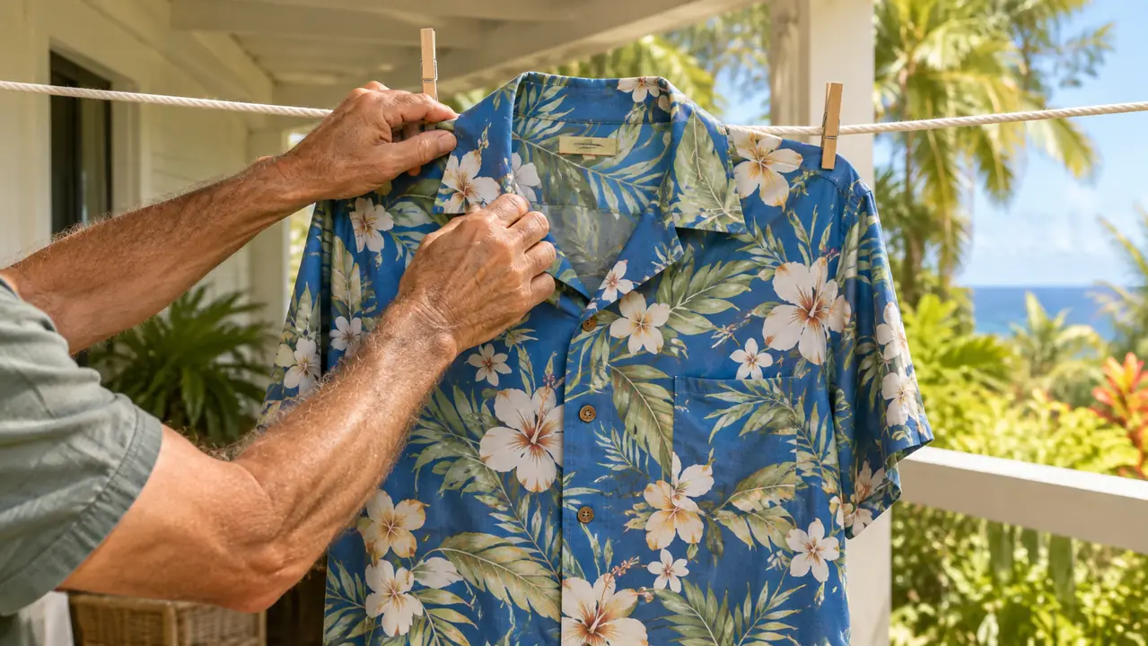 A man's hands smoothing the collar of a floral aloha shirt after taking it off a clothesline