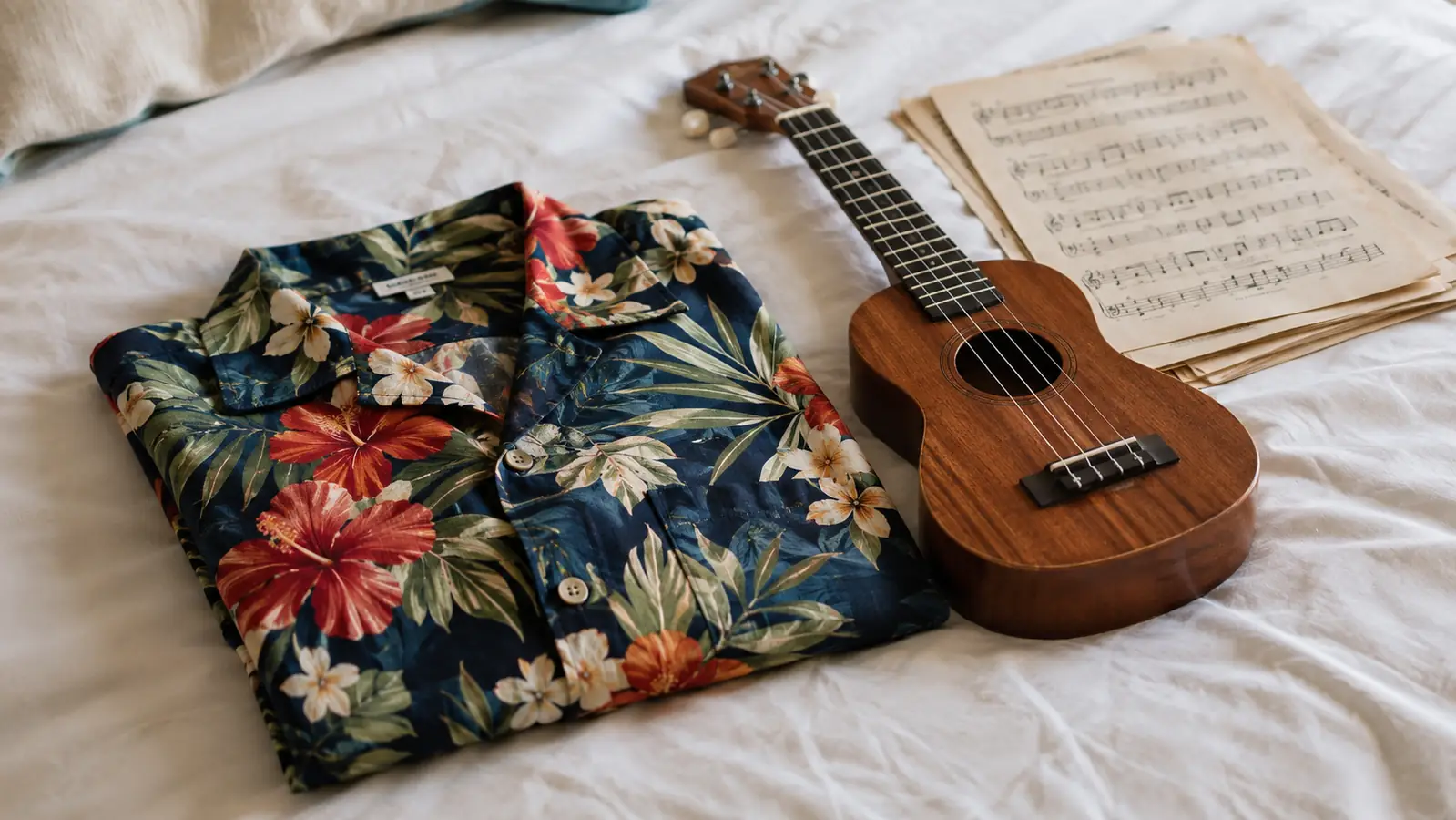 A floral aloha shirt folded on a bed next to a ukulele and a stack of sheet music