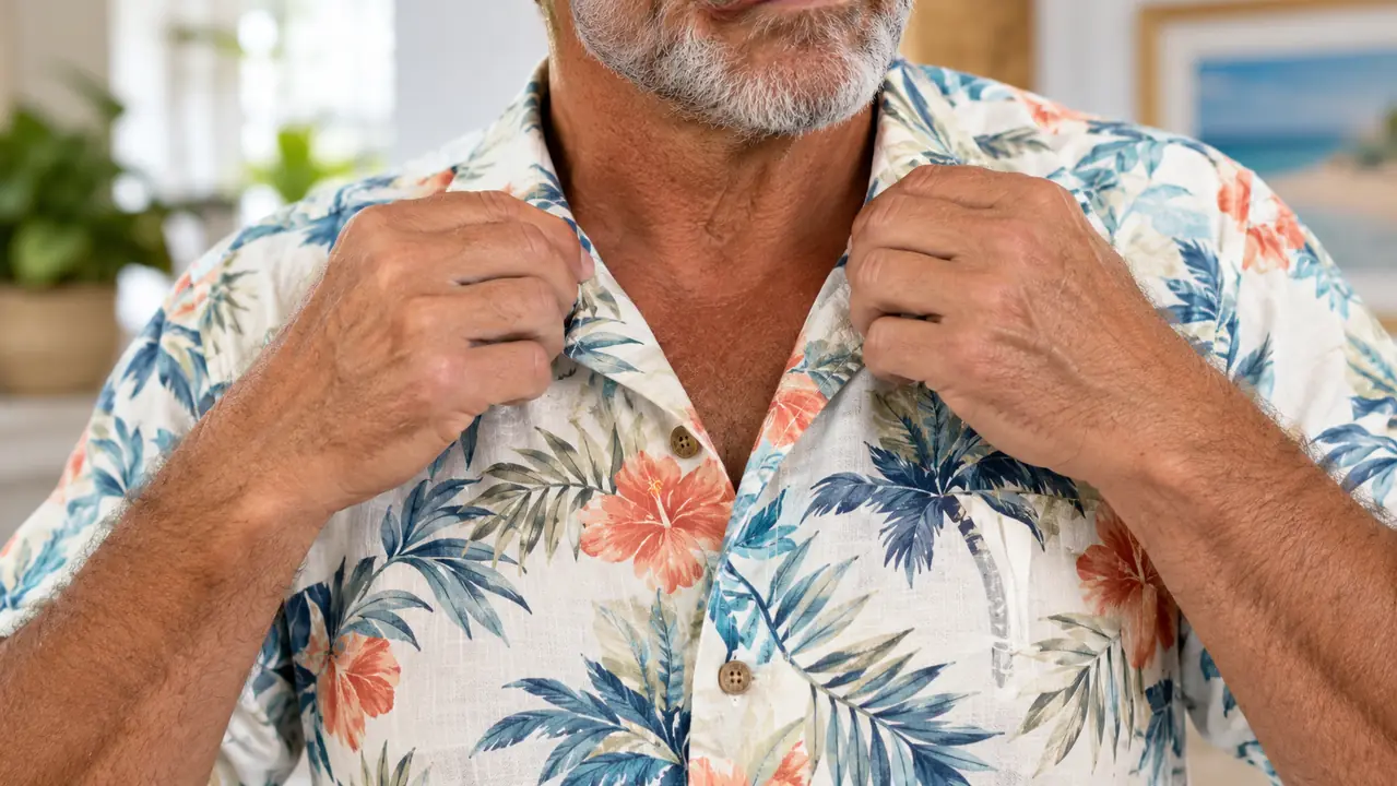 An older man adjusting the collar of a short-sleeve aloha shirt