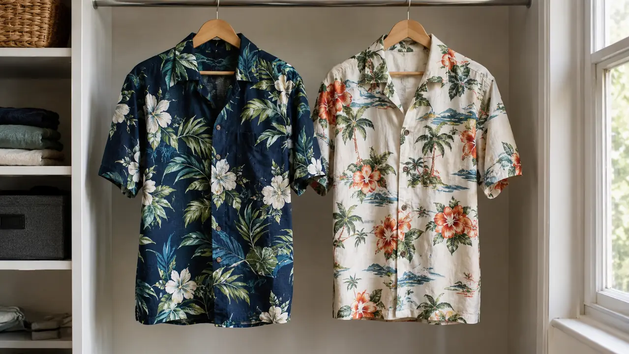 Two short-sleeve aloha shirts hanging in a closet