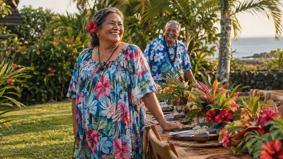 A smiling older woman in a flowing floral muumuu stands in a lush backyard garden in Hilo, with palm leaves and a luau table softly blurred behind her
