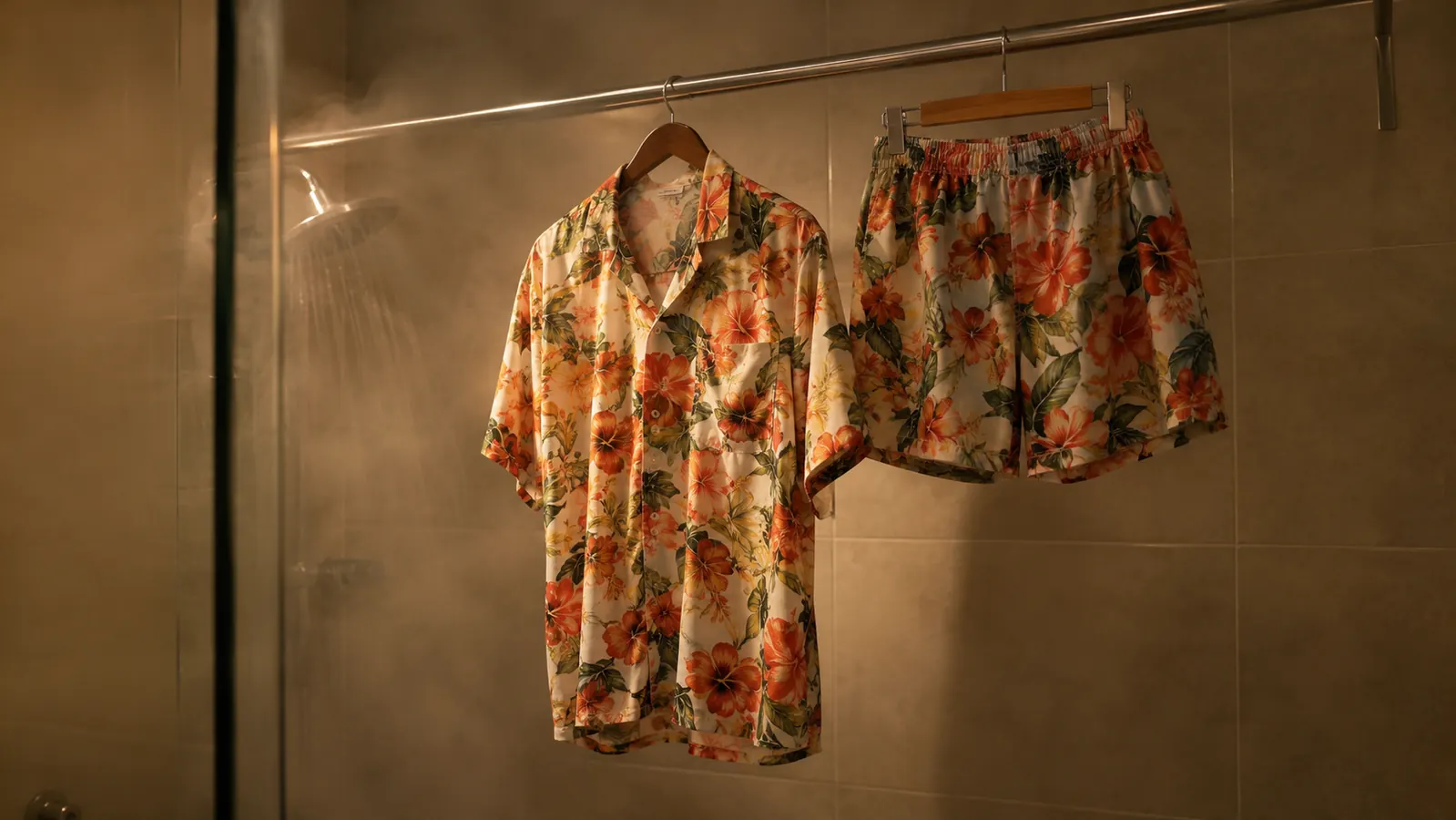A flower-print shirt and matching shorts hanging on a hotel shower rod while steam rises from the shower.