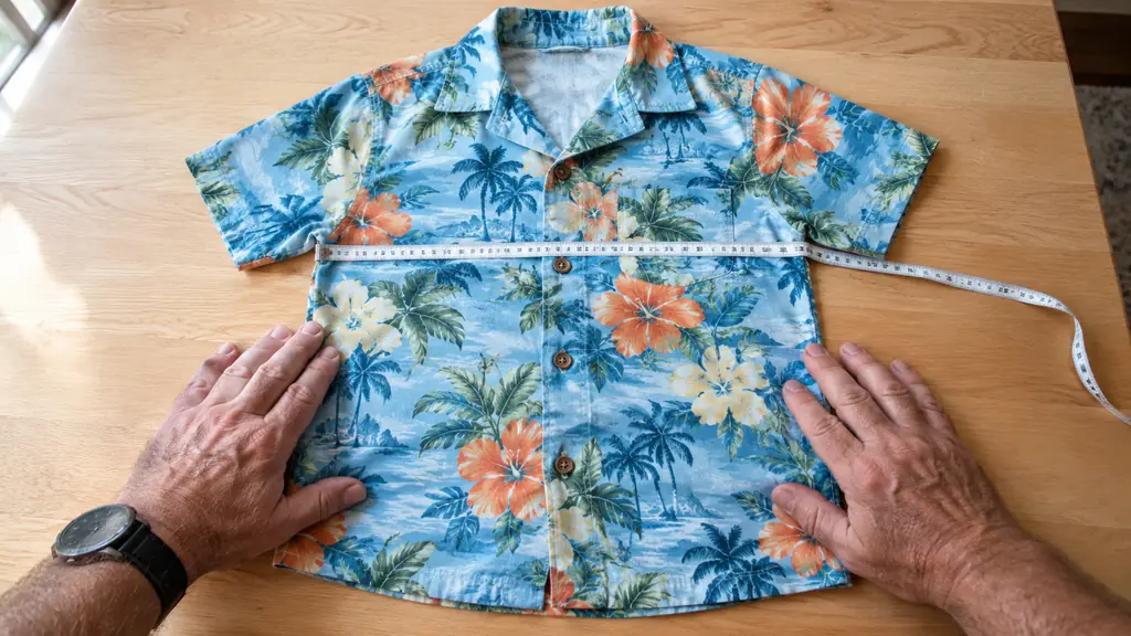 A boy's Hawaiian shirt laid flat on a wooden table beside a cloth tape measure, ready to check the fit