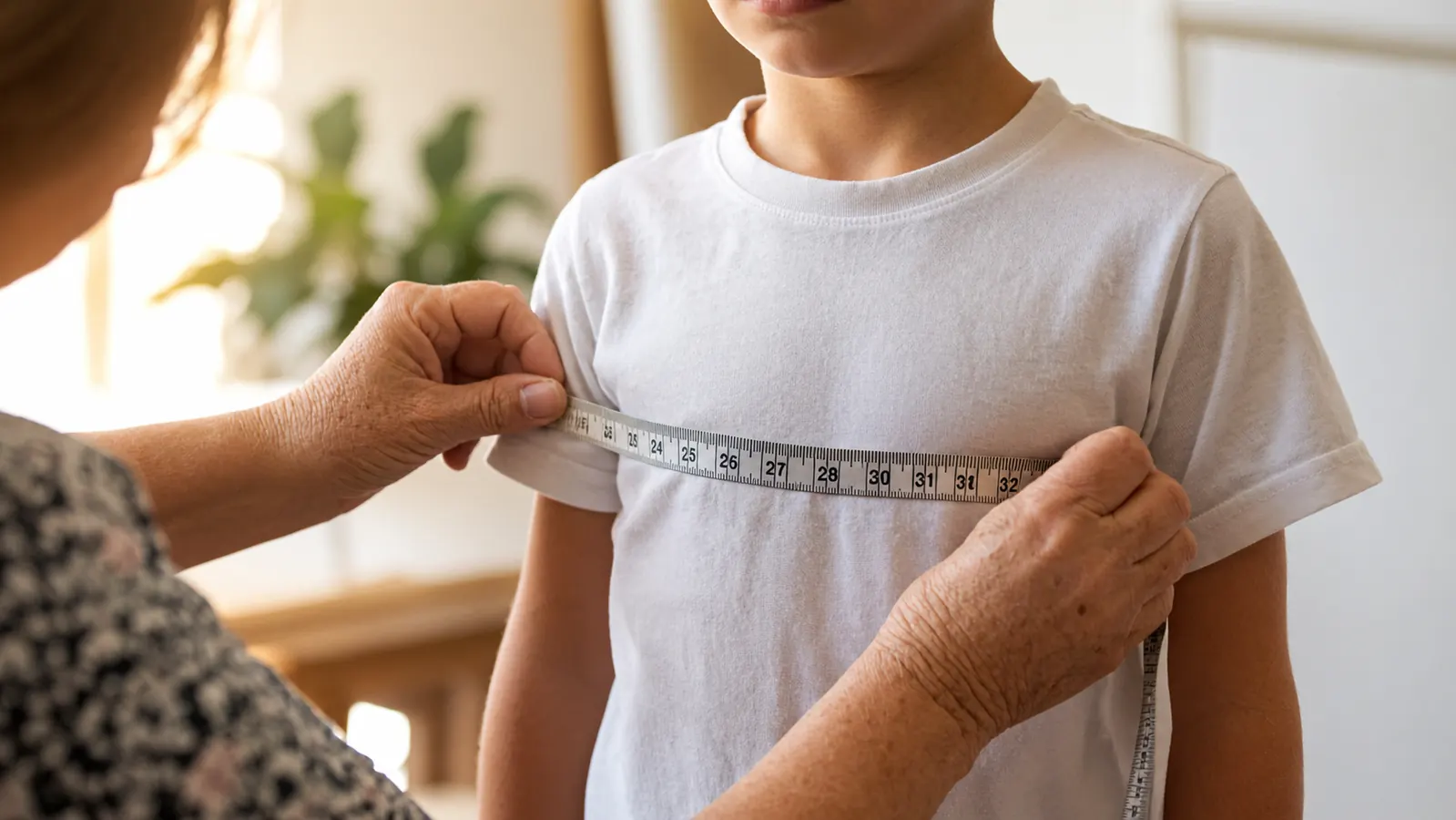 An older woman measuring a young boy's chest with a cloth tape measure