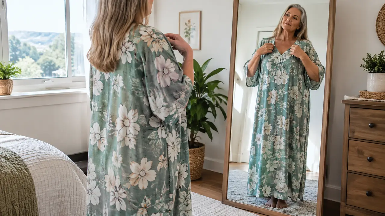 A woman in her sixties smooths the front of a loose ankle-length muumuu while looking into a full-length mirror in a bright bedroom.