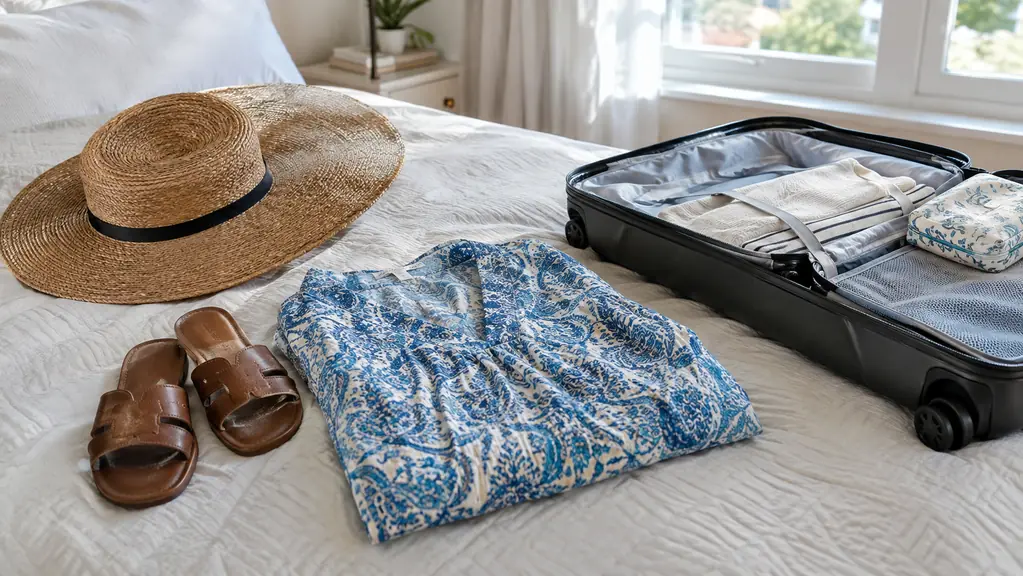 A folded ankle-length muumuu lies on a bed beside a sun hat and sandals, with an open carry-on suitcase nearby in bright daylight.