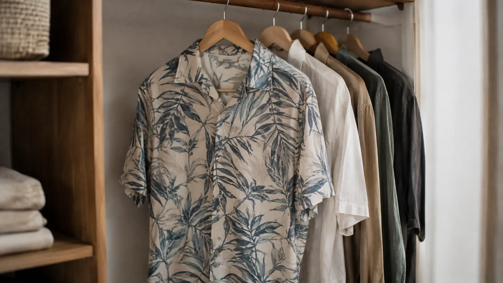 A shirt on a hanger in a bedroom closet with other shirts hanging beside it