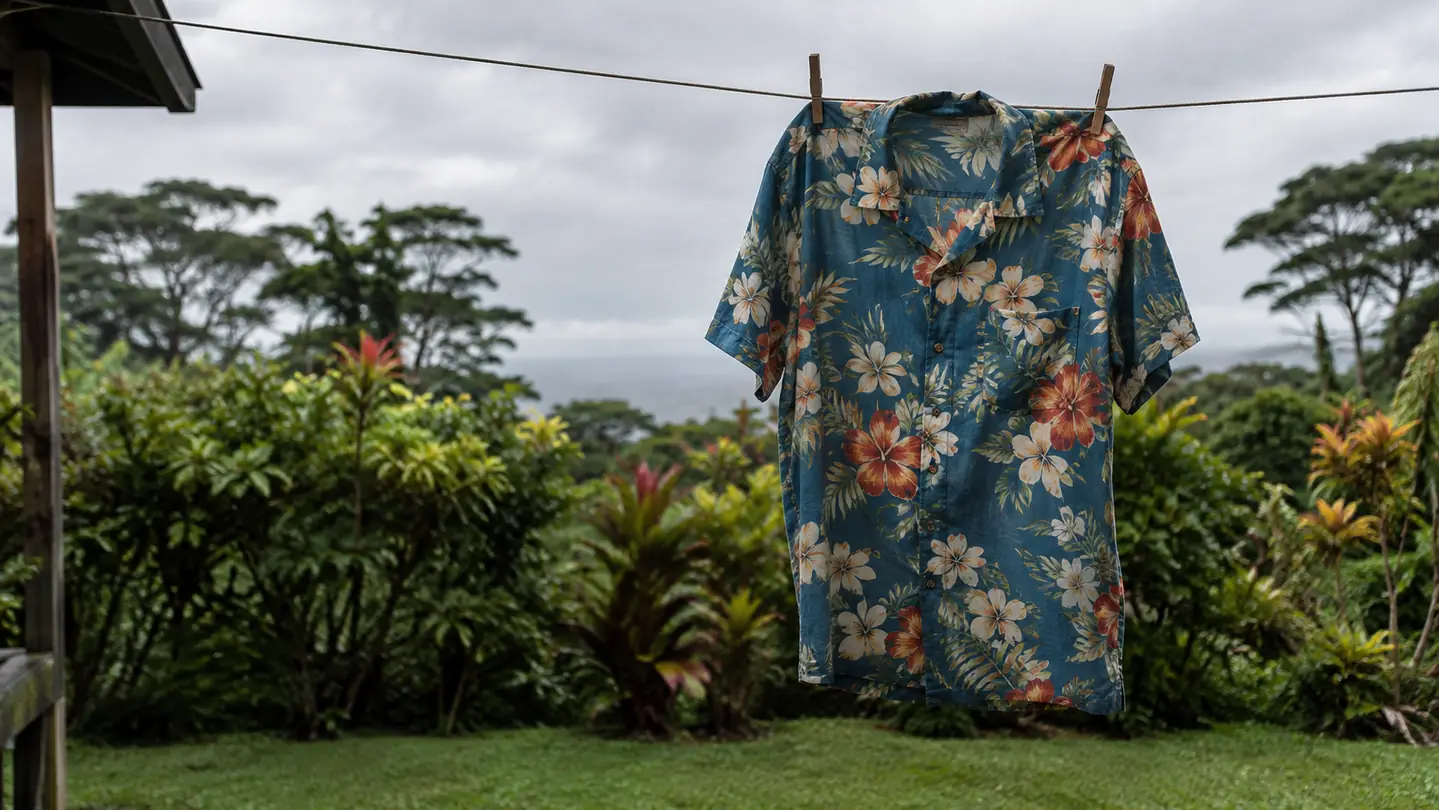 A Hawaiian shirt hanging on a lanai clothesline with a garden and treeline behind it