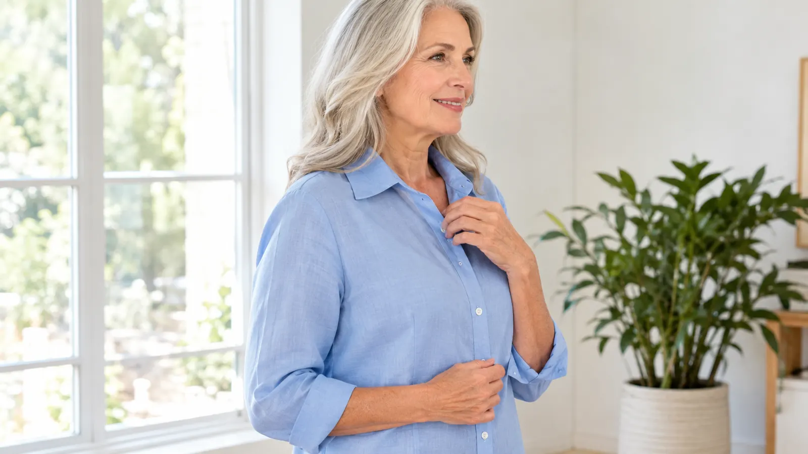 A woman in her sixties adjusting the coconut-style buttons on her short-sleeve Hawaiian shirt, seen from the side