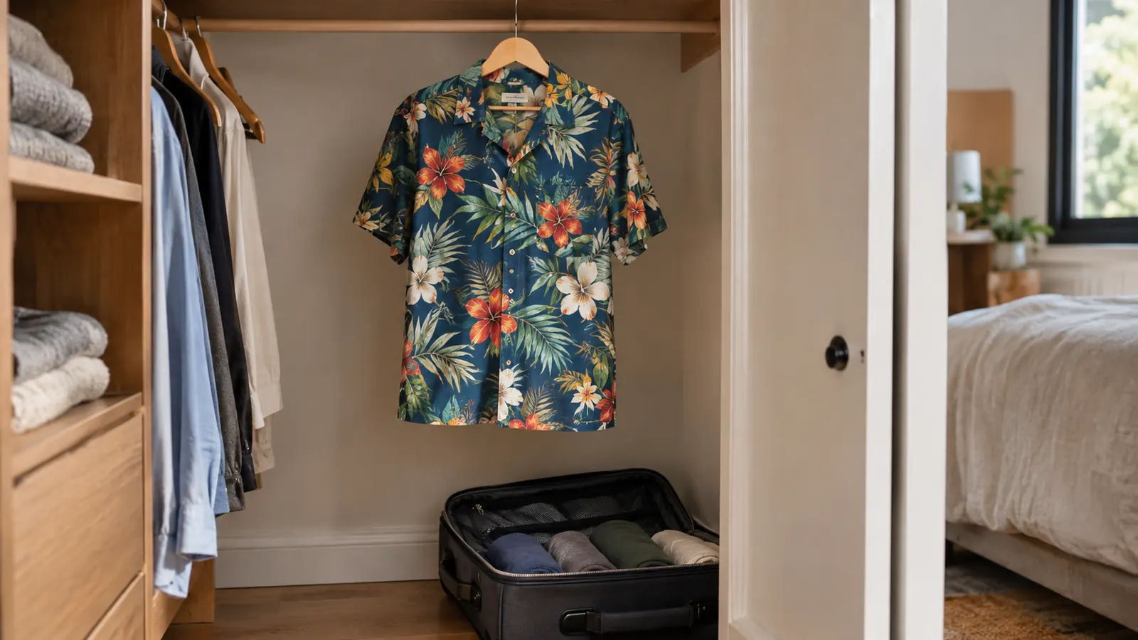 A short-sleeve button-down Hawaiian shirt on a plain hanger in a bedroom closet, with a small carry-on bag of rolled clothing below