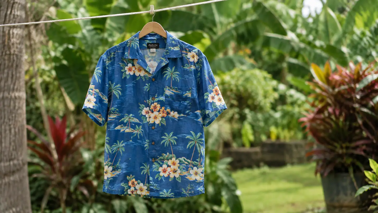A short-sleeve Hawaiian shirt hanging on a hanger on a lanai clothesline, drying in the shade