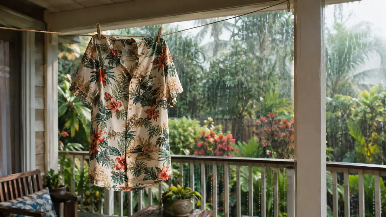 A printed short-sleeve Hawaiian shirt hanging on a clothesline on a covered lanai, rain falling in the garden beyond the railing