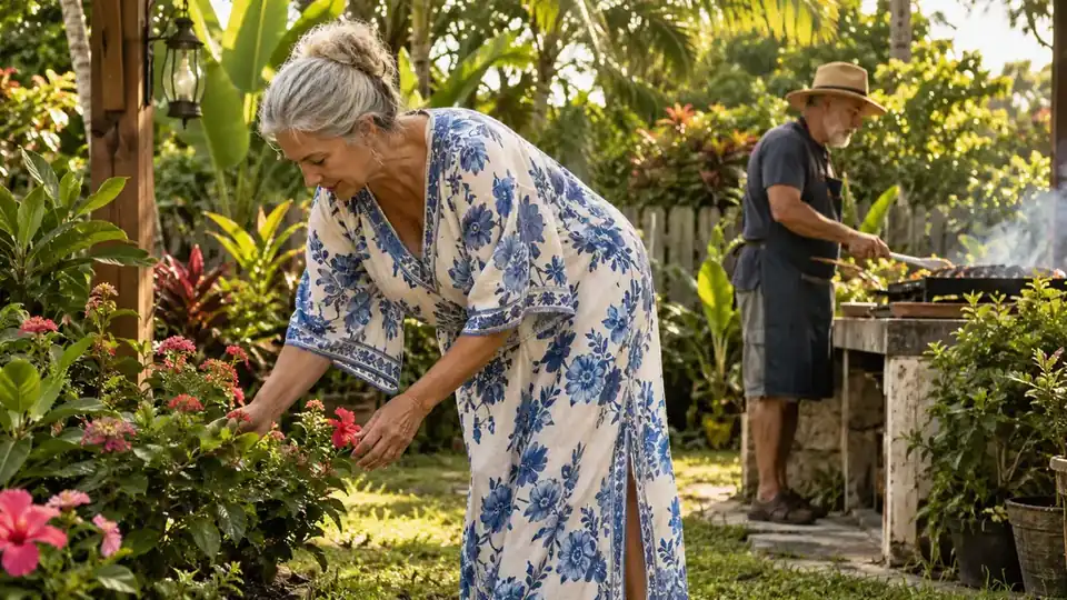 A woman in her sixties wearing a loose muumuu while bending to tend flowers in a backyard garden