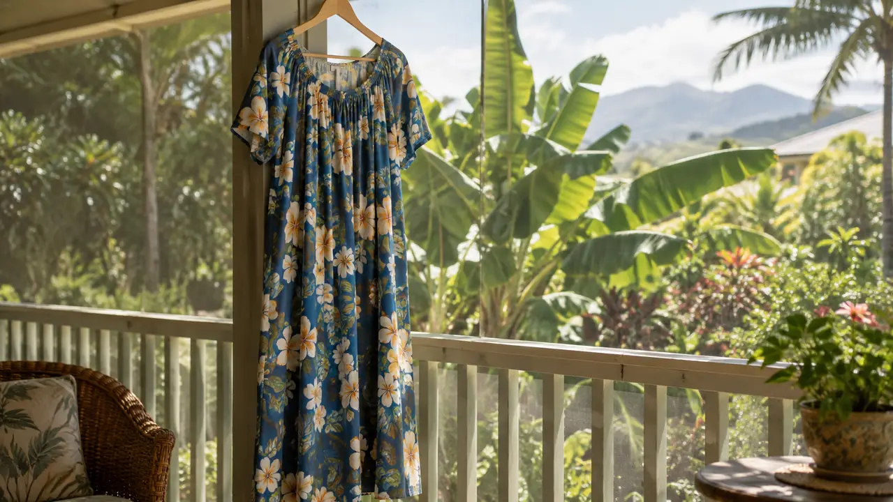 A loose muumuu dress hanging on a plain hanger on a lanai with a lush green garden beyond the railing