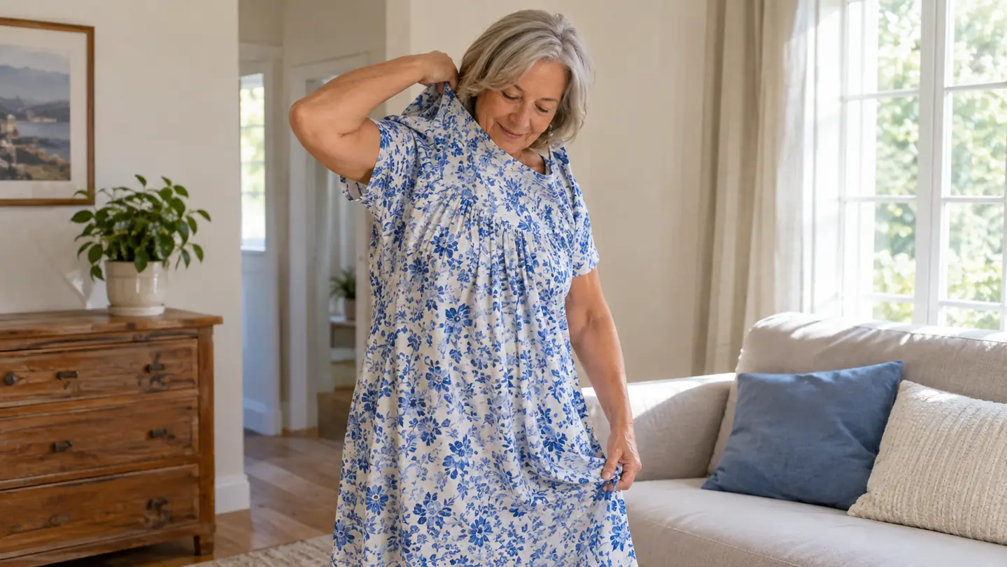 A woman in her sixties adjusting the hem of a loose muumuu at home