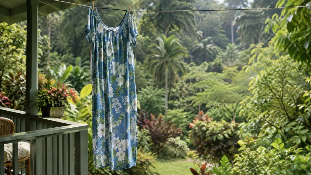 A loose muumuu hanging on a clothesline on a lanai to dry