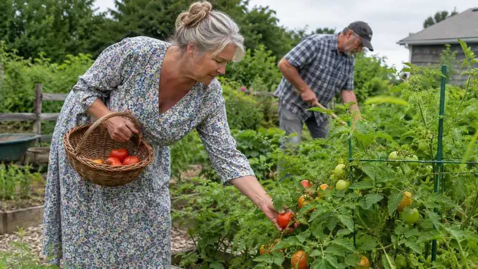 A woman in her sixties in a loose muumuu reaching down to pick a tomato in a backyard garden