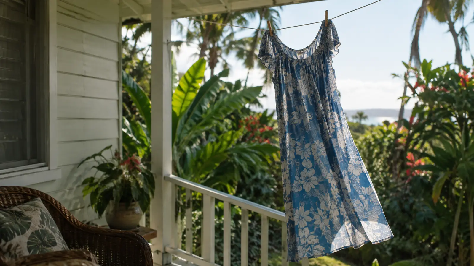 A loose ankle-length muumuu hanging on a clothesline on a lanai, drying in the breeze