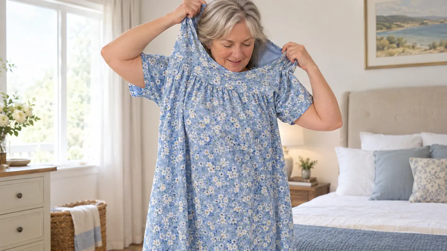 A woman in her sixties pulls a loose pull-on muumuu over her head in a bright bedroom, the dress shown in motion