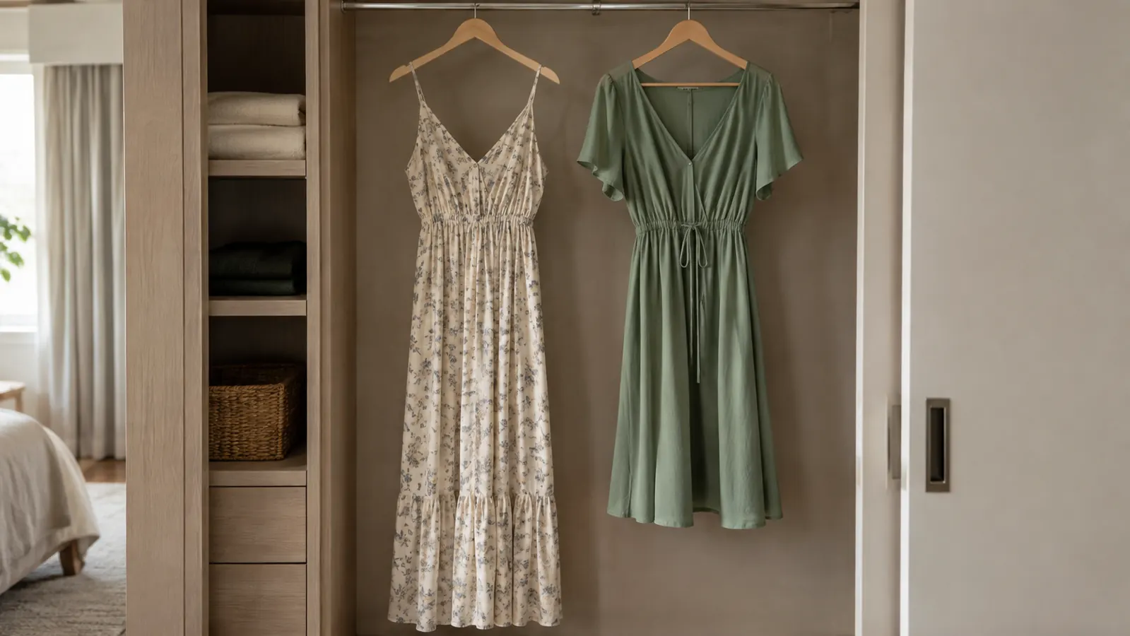 Two loose dresses hang side by side on plain hangers in a bedroom closet, one ankle length and one knee length